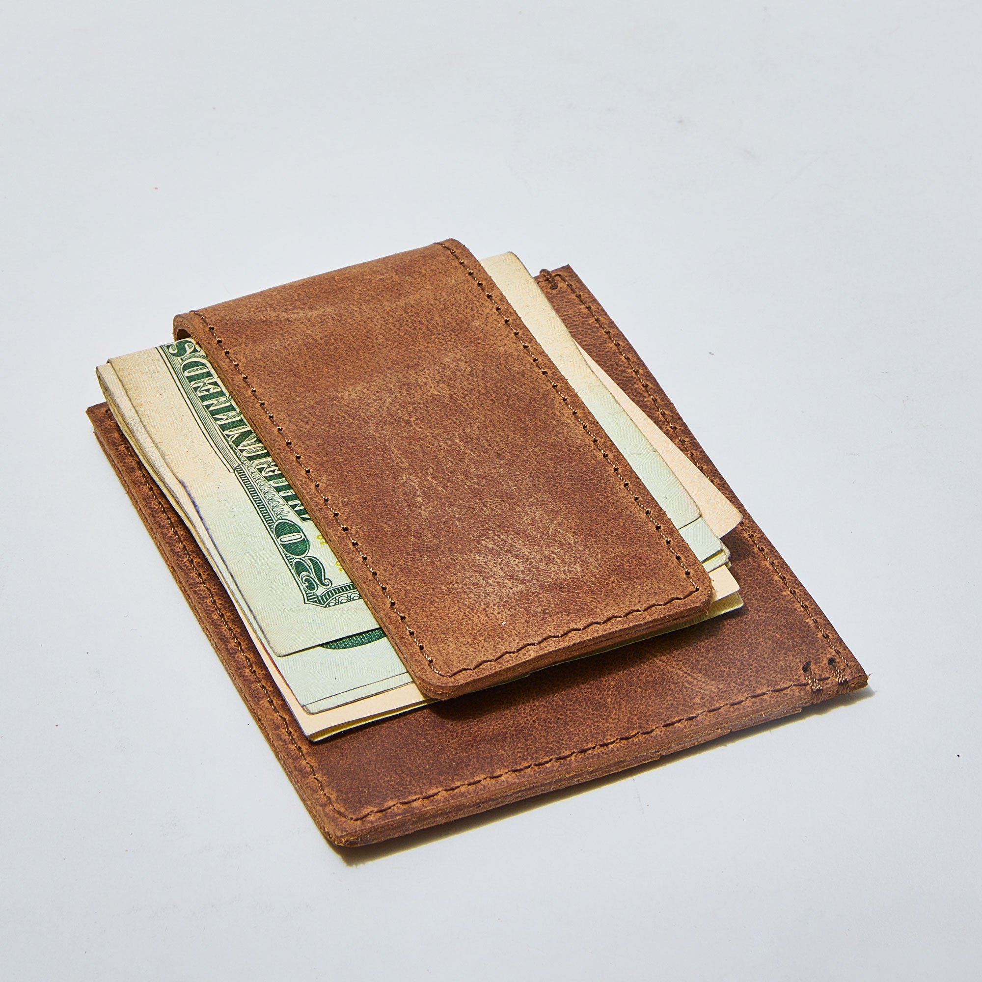 Card Clip Wallet – Slim Brown Leather Wallet with Magnetic Money Clip